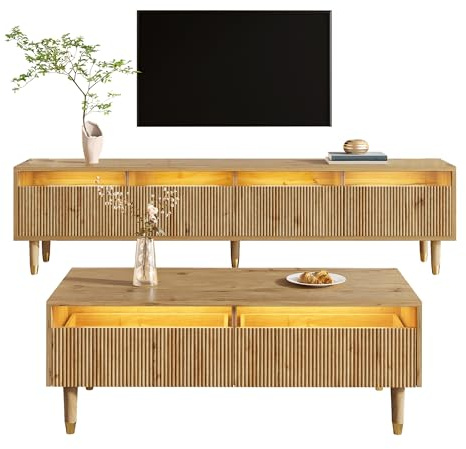 Ensemble de meubles LED Merax pour salon, meuble TV 178x35x45cm, avec 4 portes, table basse 110x50x40cm, avec 2 tiroirs, façade en acrylique, éclairage LED avec télécommande, grand espace de rangement