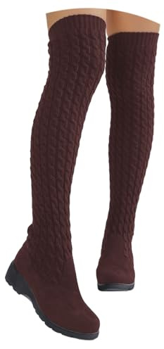 Generisch 2025 Bottes en tricot à hauteur du genou avec talon compensé épais stretch bout rond tendance pour l'hiver décontracté confortable, marron, 40 EU