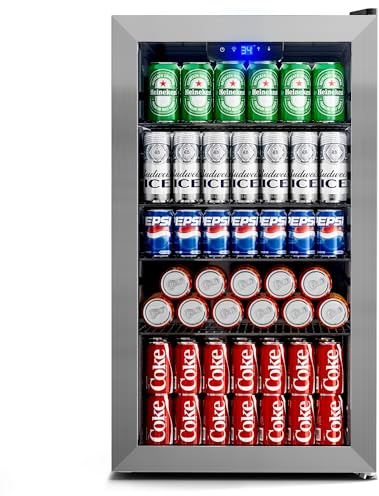 Manastin 130 Can Beverage Refrigerator, 3.2 Cu.ft Mini Fridge with Glass Door for Drink, Beer, Wine, LED Light, 34-64℉, Adjustable Removable Shelves, Beverage Cooler for Bedroom, Office, Bar-Silver