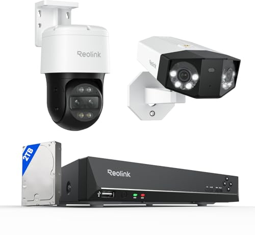 Reolink Überwachungskamera aussen mit Zwei Objektiven, Erkennung von Personen/Fahrzeugen/Tieren, 2-Wege-Audio, Farb-Nachtsicht, 8-Kanal-NVR mit 2 TB HDD, 1*TrackMix PoE, 1*Duo 3 PoE und 1*RLN8-410