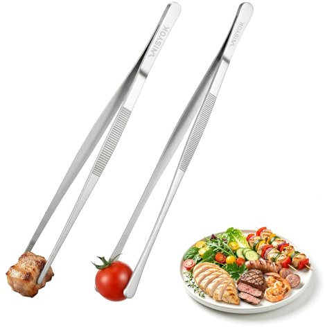 WISYOK kökspincett 2 stycken, 30 cm kökspincett rostfritt stål, spets och runda koktång, professionell grillpincett för matlagning, grillning, stekning, bakning, tillagning och dekoration (silver)