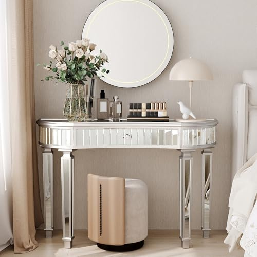 Consolle Mezzaluna in MDF e Vetro Specchiato, Tavolo con Cassetto e Pomello in Cristallo, Tavolo da Divano, Tavolo Vanity, adatto per Ingresso e Camera da Letto, Grigio e Argento, 120x38x78cm