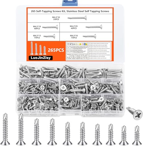 265 Pcs Stainless Steel Self Tapping Screws Assortment, M4.2 | Phillips flat head drilling fasteners for metal and wood. Includes 32mm, 25mm, 19mm, 16mm, 13mm sizes.