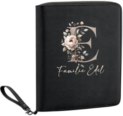 AWASG Personalisierter Organizer Familie mit Name personalisiert, Familienorganizer Reisemappe Dokumententasche, Reisepasshülle Family Buchstabe Blumen, Schwarz
