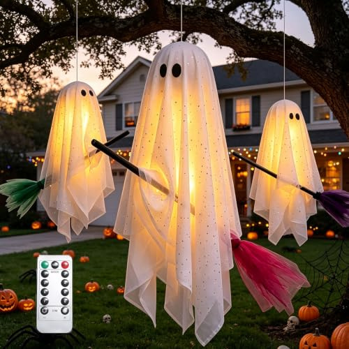 Halloween Deko Geister mit LED Licht,3er Halloween Gespenster Hängend mit Hexenbesen Leuchtend Geist mit Fernsteuerung 8 Modi Batteriebetrieben Ghosts Halloween Beleuchtung für Hof Garten Party (B)