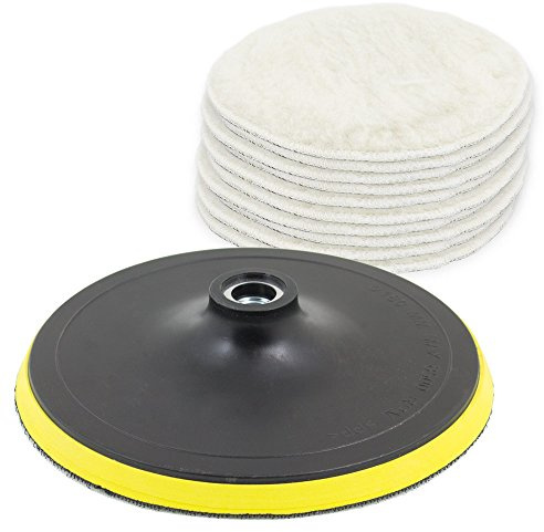 BITUXX® 180mm Rotations Polierteller mit 10x Polierpad Wollpad Polierfell Wollpuffer Polierhauben für Autopoliermaschinen