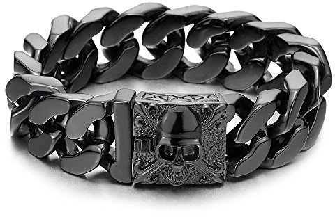 COOLSTEELANDBEYOND Großes Edelstahl Panzerkette Armband Herren mit Fleur de Lis und Schädel, Biker Gotik, Poliert