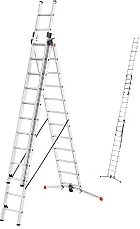 Hailo S100 ProfiLOT 3-teilige Alu-Kombileiter mit Lot-System - gleicht Unebenheiten aus - 3 x 12 profilierte Sprossen belastbar bis 150 kg - Aluleiter Made in Germany - Leiter rostfrei - Silber