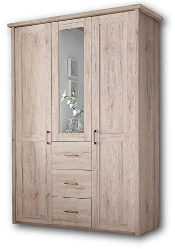 Stella Trading KOMFORT Eleganter Kleiderschrank im Landhausstil 3-türig - Vielseitiger Drehtürenschrank mit Spiegeltür in Eiche San Remo - 150 x 212 x 62 cm (B/H/T)