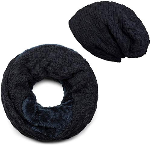 styleBREAKER Stickad loop halsduk och beanie mössa set med flätmönster, fleece foder, vinter, unisex 01018211, Midnight-blå, En Storlek