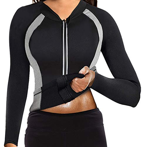 NonEcho Women Sauna Suit Waist Trainer Jacket Hot Sweat Top Neoprene Body Shaper Workout Suit Running Cycling Jersey Black