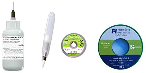 EO-HF Profi-Lötset 001 (50 ml No-Clean Flussmittel in Dosierflasche, Compact-Flux-Pen (leer), Entlötlitze, 100 g Lötzinn)