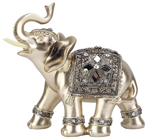 Buachois Estatua Elegante Resina Feng Shui Escultura Dorada Riqueza Figura de Elefante de la Suerte con el Tronco Mirando hacia Arriba para la Decoración de la Oficina en Casa(14 * 15cm M)