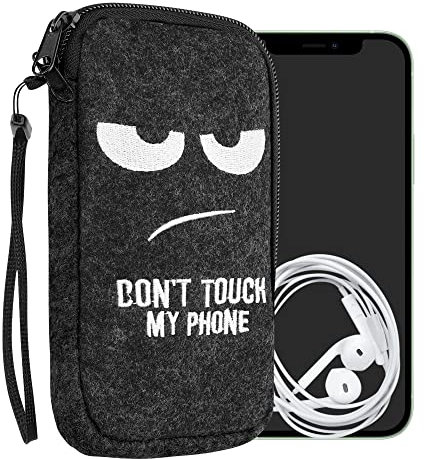 kwmobile Handytasche für Smartphones XL - 6,7/6,8 - Handy Filztasche - Don't Touch My Phone Weiß Dunkelgrau - 17,2 x 8,4 cm Innenmaße