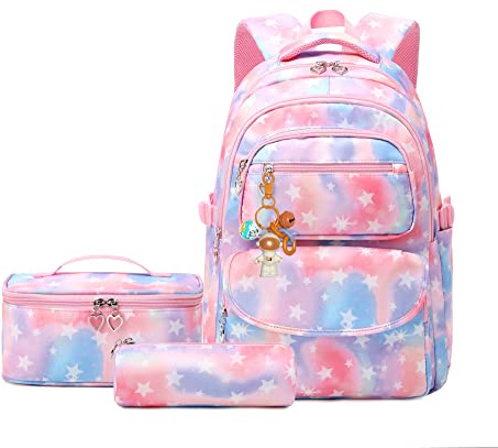 Ensemble de 3 sacs à dos pour filles avec sac à déjeuner pour enfants, cartable, cartables, 3 pièces - Rose étoilé, 3Pcs Backpack Set, Moderne