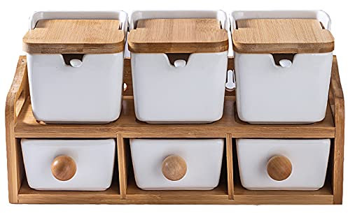 Tarros De Especias, Azucarero, Azucarero De Cerámica con Cuchara Y Tapa De Bambú para El Hogar Y La Cocina - Diseño Moderno, Incluye Bandeja De Madera Auténtica,Blanco,6pcs