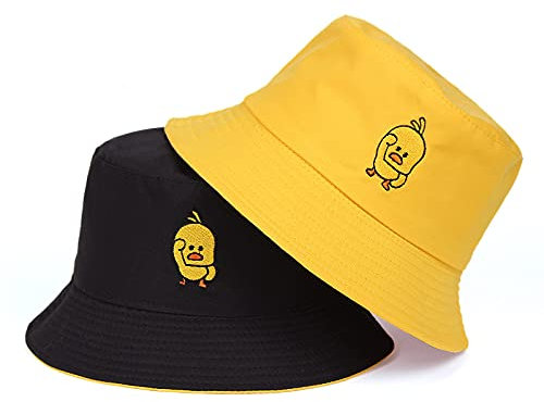 YUHOOE Niedlicher Gelber Enten-Eimer-Hut Wendbarer Fischerhut Für Studenten Paar Sonnenhut Herrenhut Panamahut Strandmütze Für Reisen Im Freien,Schwarz,Gelb,56,58Cm