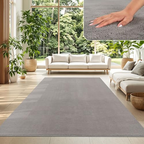 TT Home Wohnzimmer Teppich Kurzflor Anti-Rutsch Rückseite Unifarben Modern Waschbar, Farbe: Grau, Größe:200x280 cm