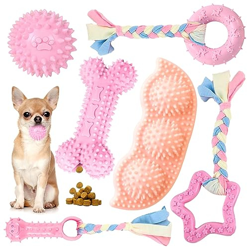 Petcare 6 Pack Puppy Chew Toys for Teething Cute Pink Puppy Toys Small Dog Toys Soft Rubber Rope Dog Toys Funny Bone Ball Cleaning Teeth Dog Chew Toys Puppy Teething Toys for Puppies Yorkie