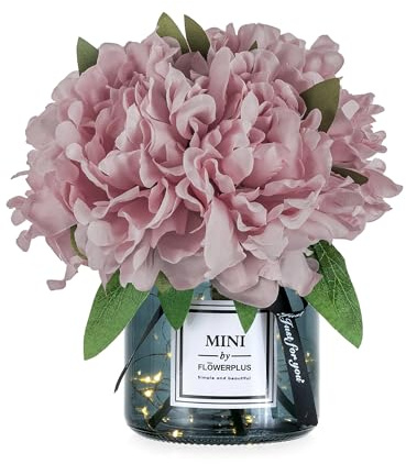 BLOSMON Vase with Artificial Flowers for Table Decor, 21 cm, Lighted, Pink | Timer, 20 LED Lights, Small Glass Grey Vase with Hydrangea, Cute Floral Arrangement Centrepiece for Desk, Bathroom Decor