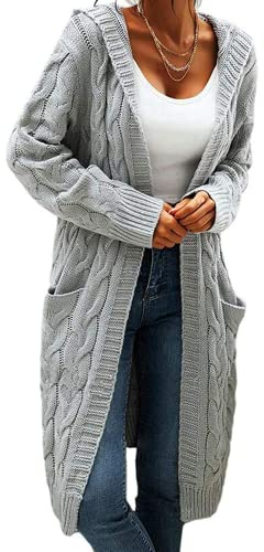 GeGekoko cardigan för kvinnor med huva och öppen framsida, kabelstickade tröjor enfärgade tjocka långa tröjor rockar, Grå, XL