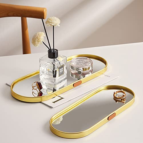 12 Inch Long Narrow Golden Mirror Rolling Metal Decorative Tray, Stainless Steel Shiny Mirror Serving Tray with Low Edge, Oval Tray for Jewelry, Paper Hand Towel, Bathroom, Dinning Room, Desktop,i-lan