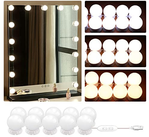 Cliplanyard Vanity Mirror Lights Kits, 10 Bulbs Hollywood Style Lighted Kit with USB Power Cord, 3 Color 10 Level Adjustable Brightness 3000-8000K Make up Light for Dressing Table Room Bedroom