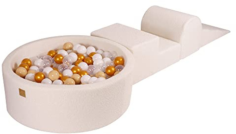 MEOWBABY Softes Schaumstoff-Kletter-Spieltset mit Bällebad 90 x 30 cm für Babys und Kleinkinder - Baby-Laufstall & Spielzimmer Essential, Indoor Bällebad, Boucle, Weiß: Gold/Beige/Weiß/Transparent