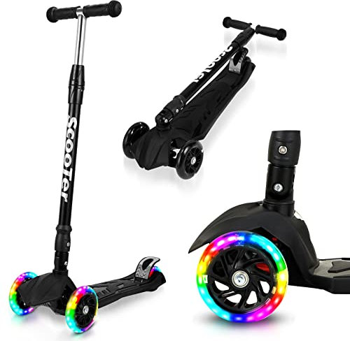 Jopassy Roller Kinder Scooter mit 3 LED-Rädern | Scooter Kinder Höhenverstellbar & Faltbar,Kinder Roller Bis 50 kg | Kinderroller für Roller Kinder 3-14 Jahre-Schwarz