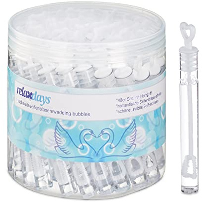 Relaxdays tvålbubblor bröllop, set om 48, tvålbubbelrör med hjärthandtag, gästgåva, hjärttvålbubblor, vit