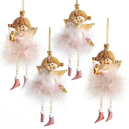 4 rosa Engel zum Aufhängen 12 cm – Weihnachtsanhänger mit Federn in rosé-Gold – Schutzengel als liebevolle Deko – Logbuch-Verlag