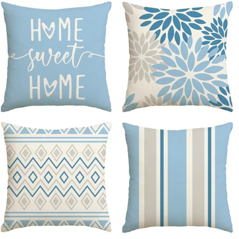 Artoid Mode Eisblau Dahlien Geometrisch Frühling Kissenbezüge 4er Set, 45x45 cm Zierkissenbezug Cushion Cover Couch Wohnzimmer Außenbereich Deko