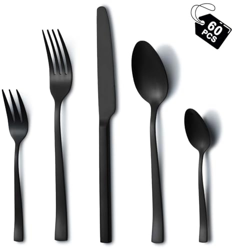 Couverts de table 12 personnes, Hunnycook 60 pièces Couvert noir avec fourchettes Cuillères Couteaux, acier inoxydable Couverts de table noir pour la maison Restaurant, Lavables au lave-vaisselle