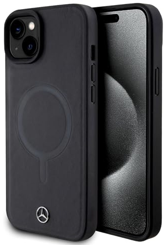 CG Mobile Mercedes-Benz Étui de téléphone Compatible avec Magsafe iPhone 15 Plus en Cuir véritable de Protection et Durable avec Facile à Clipser, Absorption des Chocs et Logo Signature