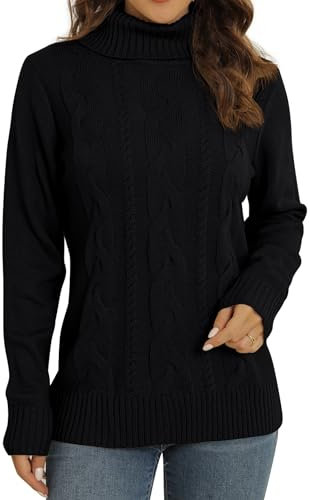 QIXING Women's Jumper Turtle Neck Cable Knit Ribbed Sweater Long Sleeve Tops for Women UK Chunky Knit Ladies Pullover(Black, XL)
