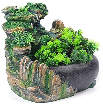 Desktop Brunnen Steingarten Steingarten Wasserfall Desktop Zimmerbrunnen Steingarten Aquarium Grüne Pflanze Brunnen Kann Pflanzen Pflanzen und Fische Züchten, 28 * 20 * 15CM