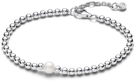 PANDORA Timeless Bracciale Beaded in argento Sterling con perla coltivata d'acqua dolce trattata bianca e zirconia cubica trasparente, 16