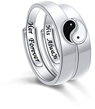 Flyow S925 - Conjunto de anillos de plata de ley ajustable Yin Yang Tai Chi para compromiso, promesa, cumpleaños, regalo para esposos, novios, novias