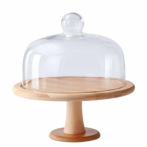 Eidoct Cake Stand with Dome Lid, Wood Cake Plate with Clear Glass Cover | Cake tray for Cakes, Pastries, Cheese Boards - Flat Cake Display Stand for Birthday, Wedding, Party, Café