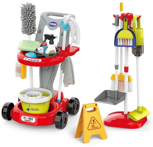 Kids Cleaning Set for Toddlers Pretend Play Housekeeping Supplies Kits with Real Working Vacuum Cleaner, Broom, Spray Bottle, Dust Pan and More Role Play Educational Toys for Toddler Boys Girls (Red)