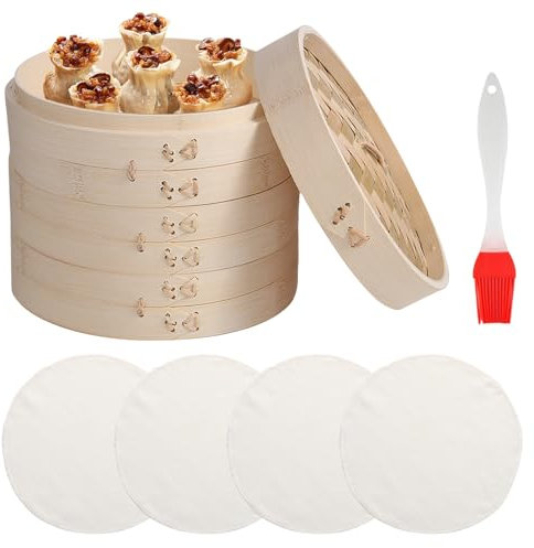 Vaporera de Bambú de 2 Niveles Con Tapa - Incluye Cepillo de Aceite y 4 Paños de Vapor Antiadherentes para Albóndigas, Dim Sum, Carne