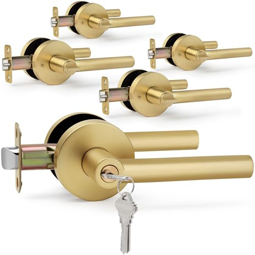LOQRON 5 Pack Wholesale Keyed-Alike Brushed Gold Keyed Entry Door Handle, Round Design Heavy Duty Door Lever with Lock, Reversible for Left/Right Handed for Entrance and Front Door, Satin Brass