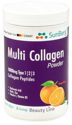 Sunberg Multi Collagen Powder - 1000mg Hydrolyzed Collagen Peptides Type I, II, III Hyaluronic Acid Biotin for Skin Hair Nail Joints Bones Muscles Teeth - 400mg Halal Collagen Complex Supplement