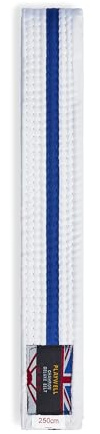 Playwell Cinturón de algodón blanco con rayas de colores para artes marciales (karate, taekwondo de judo), Cinturón blanco con rayas azules, 220cm