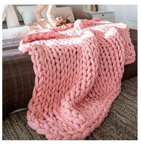 Rosa Grobstrickdecke für Betten, gemütlicher Strick-Überwurf mit grobem Garn, weich und warm, Strickdecke, große Größe, 100 x 150 cm
