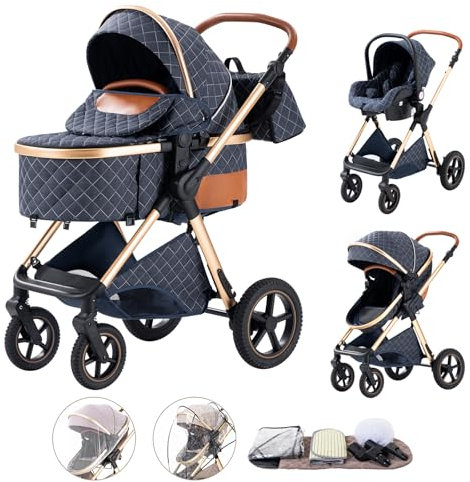 Shineey Kinderwagen 3 in 1,Puppenwagen Mit Babyschale Höhenverstellbarer Buggy Komplettset Faltbare tragbare,KombiKinderwagen Mit Aluminiumrahmen für Neugeborene 0 bis 3 Jahre (H2BLUE, H2)