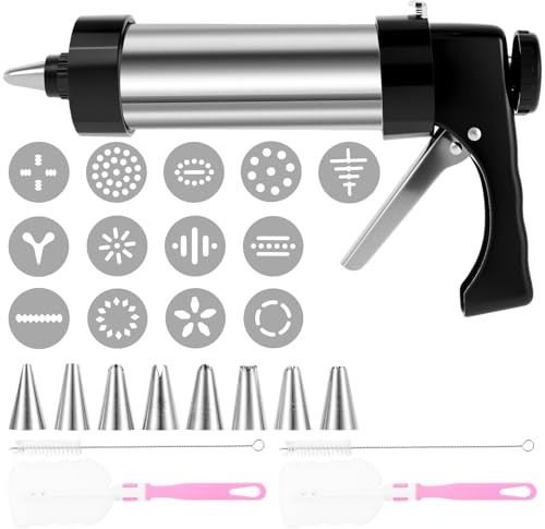 Cookie Press for Baking, Cookie Decorating Kit, Stainless Steel Cookie Press Machine, Detachable Spritz Cookie Press Maker with 13 Cookie Discs,8 Icing Nozzles,4 Brush for Making Decorating Cookies