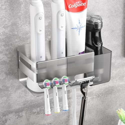 OETAMS Zahnbürstenhalter Elektrische Zahnbürste Halter mit 3 Badezimmer Zubehör, Edelstahl Zahnburstenhalterung Wand Selbstklebend Zahnbürste Halterung Silber Aufsteckbürsten Halter Ohne Bohren