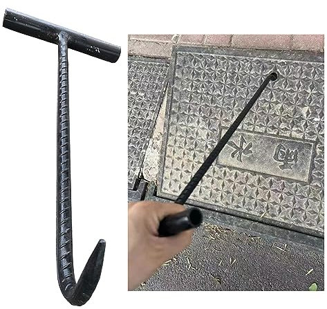 Herramienta de elevación de tapa de boca estilo T de 1,27 cm, mango de gancho único para rejillas de drenaje de tormentas de jardín, calle, 35 cm