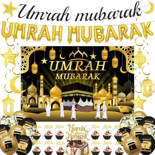 Umrah Mubarak Dekoration Ramadan Dekorationen – 49 Stück Goldfolie Buchstaben Luftballons Banner Schwarz Gold Umrah Mubarak Hintergrund Latex Ballon Cupcake Topper für islamische muslimische Eid Umrah